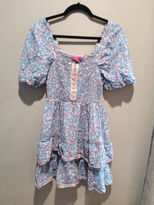 Betsey Johnson Endless Sky Smocked Tiered Floral Cottage Mini Dress Sz M A9 - Image 1 of 4