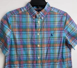 POLO RALPH LAUREN Plaid Short Sleeve Button Up Shirt Boys Size L (14-16) Blue - Picture 1 of 10