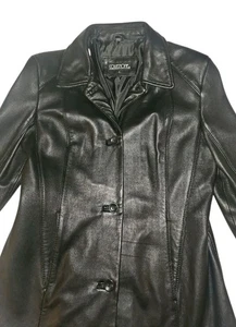 Collezione SA Leather Coat Jacket Sz Lg Black Button Up Mid Trench Womens Soft - Picture 1 of 12