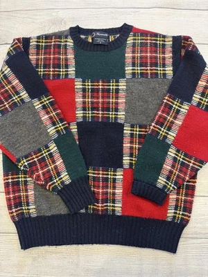 Faconnable Wool Sweater Mens Medium Multi Color Patchwork Plaid Crewneck Knit - Image 1 of 4