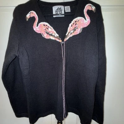 Suéter Storybook Knits para mujer con lentejuelas flamenco bailes negro rosa cremallera mediana Foto 1 de 4