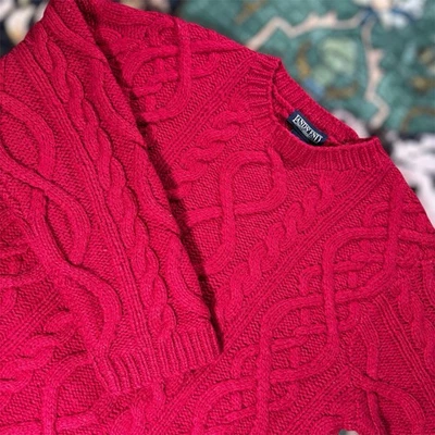 Suéter de Pescador Tejido con Cable Grueso Aran 100% Lana Lands End Rojo Pequeño De Colección Foto 1 de 4