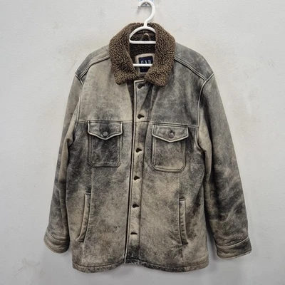 Gap Vintage Distressed Leather Aviator Trucker Sherpa Lined Coat Jacket Large - Image 1 of 4
