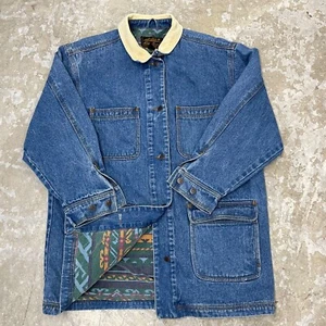 Vintage Eddie Bauer Jacket Women L Denim Barn Chore Southwestern Corduroy Collar - Afbeelding 1 van 14