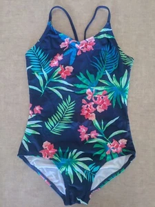 Kanu Surf Big Girls Leonie One Piece Swimsuit Navy Floral Palm Tree Size 12 - Picture 1 of 2