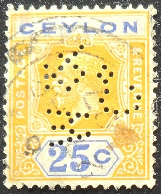 1912-25 SC#207 Ceilán Rey Jorge V Naranja y Azul 25 Centavos - PERFIN - Sello Foto 1 de 3