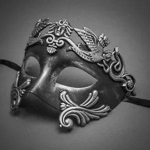 Maschera Uomo Masquerade Maschera Romano Guerriero Greco Imperatore Veneziano Nero Argento - Foto 1 di 4