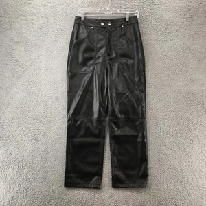Fashion Nova Leather Straight Pants Womens M Black Polyester Blend High Rise NEW - Picture 1 of 16