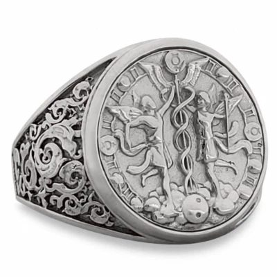 Real 18K White Gold Gemini Ring, Zodiac Sign Mens Gold Coin Astrology Ring - Image 1 of 4