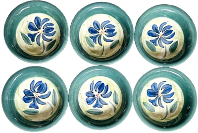 6 piezas Colección Esmeralda Pintado a Mano Verde con Flor Azul Cerámica Sopa Cereal Cuenco Foto 1 de 4