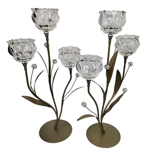 2x Flower Metal Candlestick Flower Shape Tea Light Metal Glass Candle Holder - Picture 1 of 24
