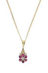 Ruby and Diamond Pendant Yellow Gold Cluster Necklace Hallmarked Natural Stones - Picture 1 of 4