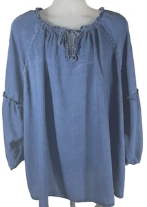 OLD NAVY Womens 3X Peasant Blouse Top Blue Chambray Long Sleeve Boho Popover - Picture 1 of 7
