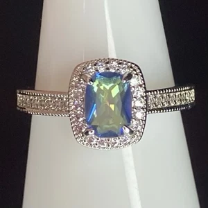 Bomb Party Ring- 01- Lab Created Rainbow Topaz- Size 7- Rhodium Plated - Picture 1 of 6