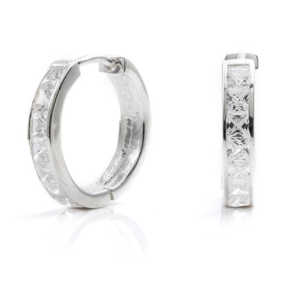 Silverly Donna Argento 925 Quadrato Zircone Cubico Canale Orecchini A Cerchio - Immagine 1 di 4