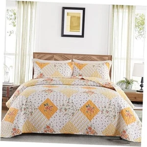 Quilt Set Queen Size, wendbar Blumen kariert Queen (90"Bx90"L) gelb - Bild 1 von 8