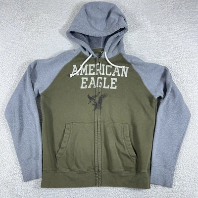 Sudadera con Capucha American Eagle De Colección Para Hombre Mediana Verde Gris Cremallera Completa Y2K Grunge Preppy Foto 1 de 4