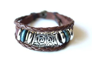 NEW Leather Braid Hemp Tibetan Silver Bracelet Wristband Vintage Brown Cuff - Picture 1 of 3