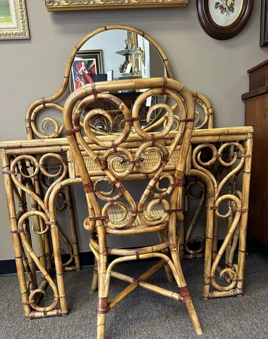 Bentwood Bamboo Chinoiserie Vanity  Desk Cane Chair Antique Buyer$Ship Cover