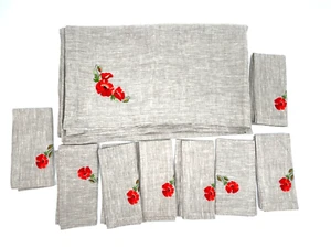 New 100% Linen Embroidered 55x84 natural Table Cloth and 8 Napkins poppy flowers - Picture 1 of 11