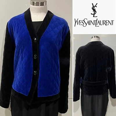 YSL YVES SAINT LAURENT 70's Sapphire Blue/Black Block Quilted Velour Jacket M-L - Image 1 of 4