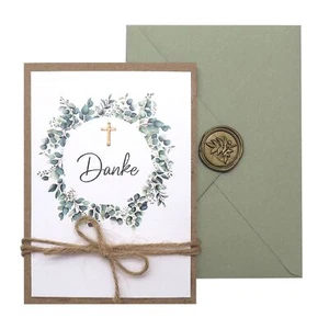 Dankeskarte Umschlag Perso Kommunion Konfi Hochzeit Eukalyptus Olive Kraft Kreuz - Bild 1 von 4