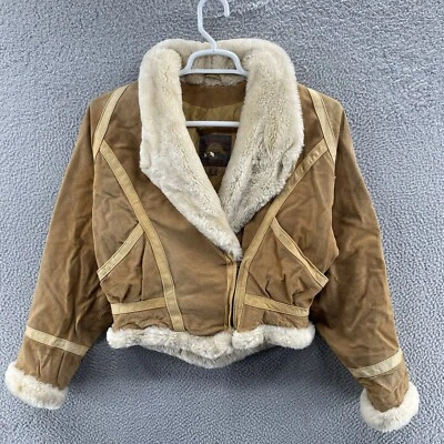 VINTAGE Adventure Bound Jacket Women Medium Brown Suede Leather Cropped Faux Fur - Image 1 of 4