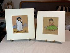 Vintage Pair GERDA CHRISTOFFERSEN Native American Children Suede Art Paintings