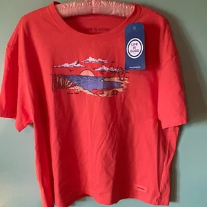 NWT Life is Good Crop Crusher T Shirt Large Orange Beach Scene - Picture 1 of 12