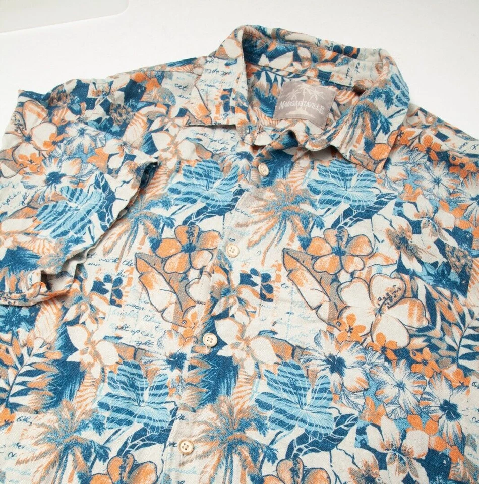 Camisa Margaritaville Para Hombres 2XL XXL Azul Beige Floral Seda Lino Hawaiano Aloha Foto 1 de 4
