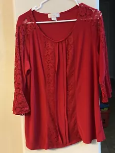 Emma & Olive Womens Pullover Blouse Solid Red Lace Accents 1X - Picture 1 of 8