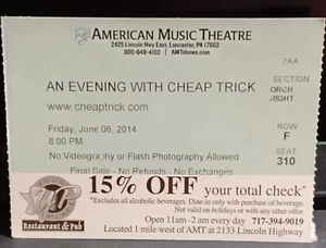 Cheap Trick American Music Theatre ticket stub June 6 2014 - Picture 1 of 2
