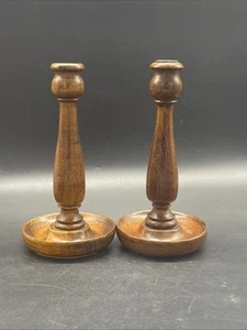 Vintage Wooden Pair Candle Sticks Turned Wood Arts And Crafts Treen Cottage Core - Picture 1 of 8