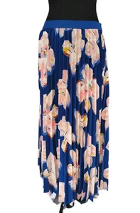 A New Day Sz M Blue Pink White Beige Midi Pleated Fit Flare Chiffon 10 12 L - Picture 1 of 2