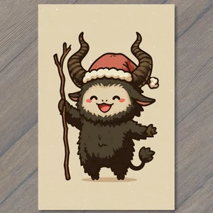Art Print Cute Krampus Christmas Cartoon Goat Horns Santa Hat Staff Holiday Wint - Picture 1 of 1