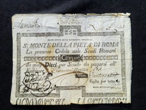 1796 VATICAN Italy RARE large Banknote Assignat 5 Scudi S. MONTE di PIETA' - Picture 1 of 2