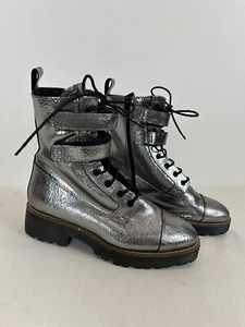 Shellys London Bootie 39 Silver Metallic Distressed Leather Combat Boots Womens - Picture 1 of 11