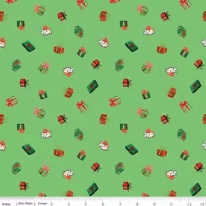 RETRÒ VINTAGE NATALE JINGLE BELLS RILEY BLAKE REGALI SU TESSUTO VERDE HY - Foto 1 di 1