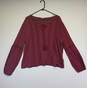 Lucky Brand Top Womens L Maroon Tassel Lace Trim Peasant Boho Western Festival - Picture 1 of 13