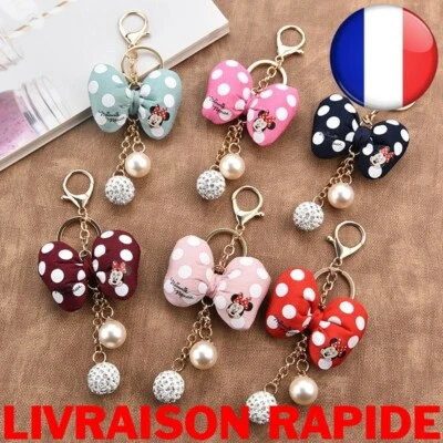 Mode Mickey Porte-clé Nœud Papillon Bijoux Femme Fille Sac Voiture Strass Minnie - Photo 1/3