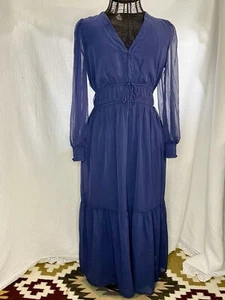 NEW Old Navy Waist Defined Smocked Tie Front Maxi Chiffon Dress Navy Blue Size L - Picture 1 of 14