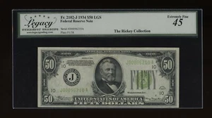DBR 1934 $50 LGS FRN Kansas City Fr. 2102-Jlgs Legacy 45 Serial J00096210A - Picture 1 of 2