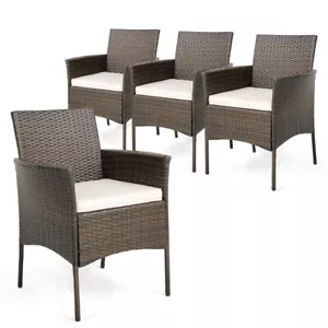 Set of 4 Outdoor Patio Wicker Dining Chairs Ergonomic Backrest w/Seat Cushions - Picture 1 of 10