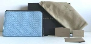Bottega Veneta Napa Intrecciato flat Zip Leather Clutch Light Blue NIB - Picture 1 of 11