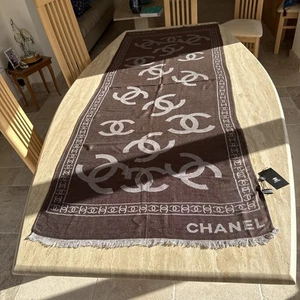 Chanel Brown & Silvery Brown with Logo 65% Cashmere 35% Silk Scarf 74”x26” - Picture 1 of 21