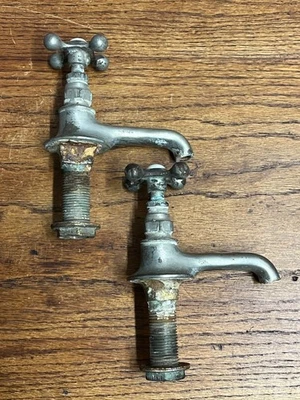 Vintage Hot Cold Bathroom Sink Tub Faucet Spouts Brass Set Pair Parts Plated - Image 1 of 4