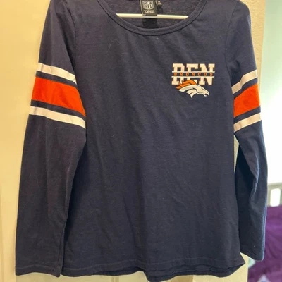 NFL 丹佛野马队女式蓝色和橙色长袖 T 恤,条纹细节,M — 第 1/4 张图片