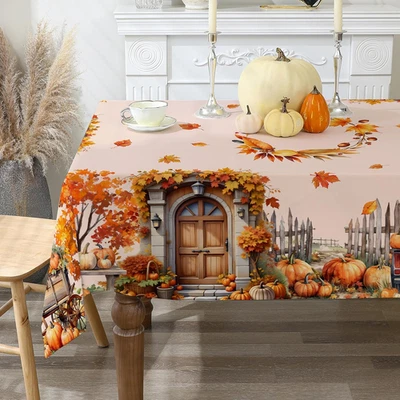 Fall Tablecloth 60X84 Inch Rectangle Pumpkin Farm Thanksgiving Water-Resistant - Image 1 of 4