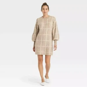 A New Day dress Womens Medium Camel windowpane Long Sleeve Sweater NWT SZ M - Picture 1 of 4