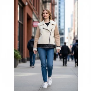 Aqua Sherpa Ivory Cot Womens Medium Asymmetrical Zip Faux Suede - Picture 1 of 5